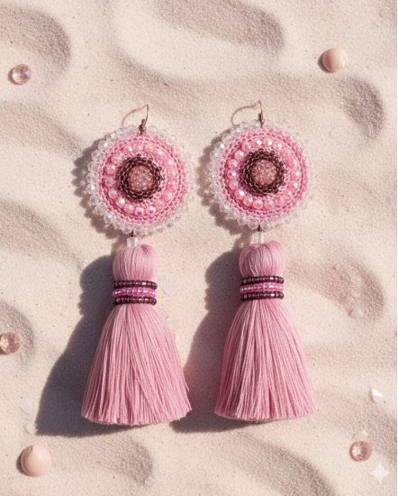 Háčkované  dizajnové náušnice "Ružový piesok"